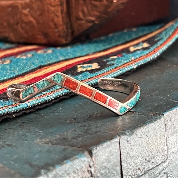 Vintage Sterling Silver Turquoise and Coral Inlay Bracelet - Picture 5 of 9